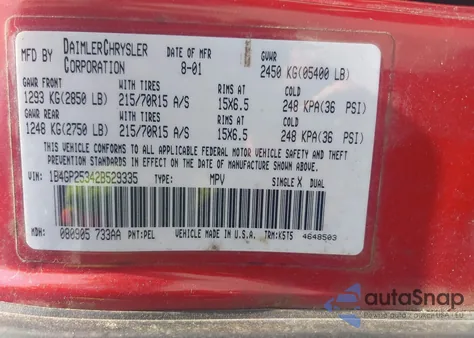 2002 Dodge Caravan Se z USA, uszkodzony, nr VIN 1B4GP25342B529335